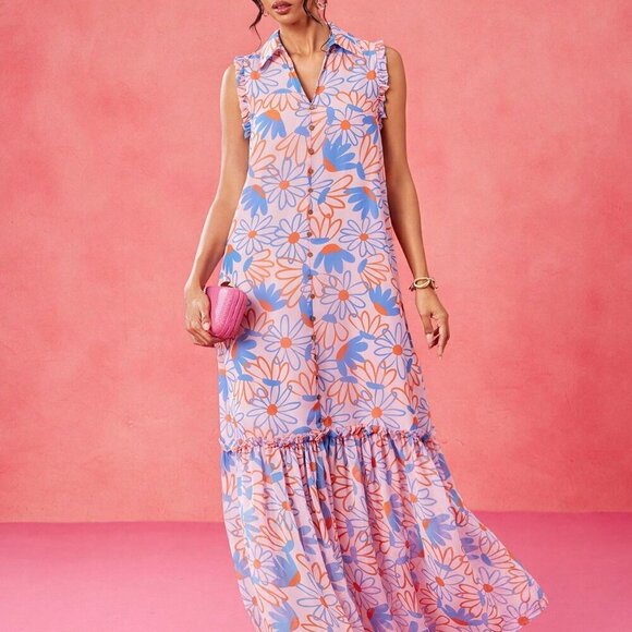 Multicolor Boho Women's Chiffon Floral Print Ruffle Hem Sleeveless Sun Dress - Picture 4 of 8